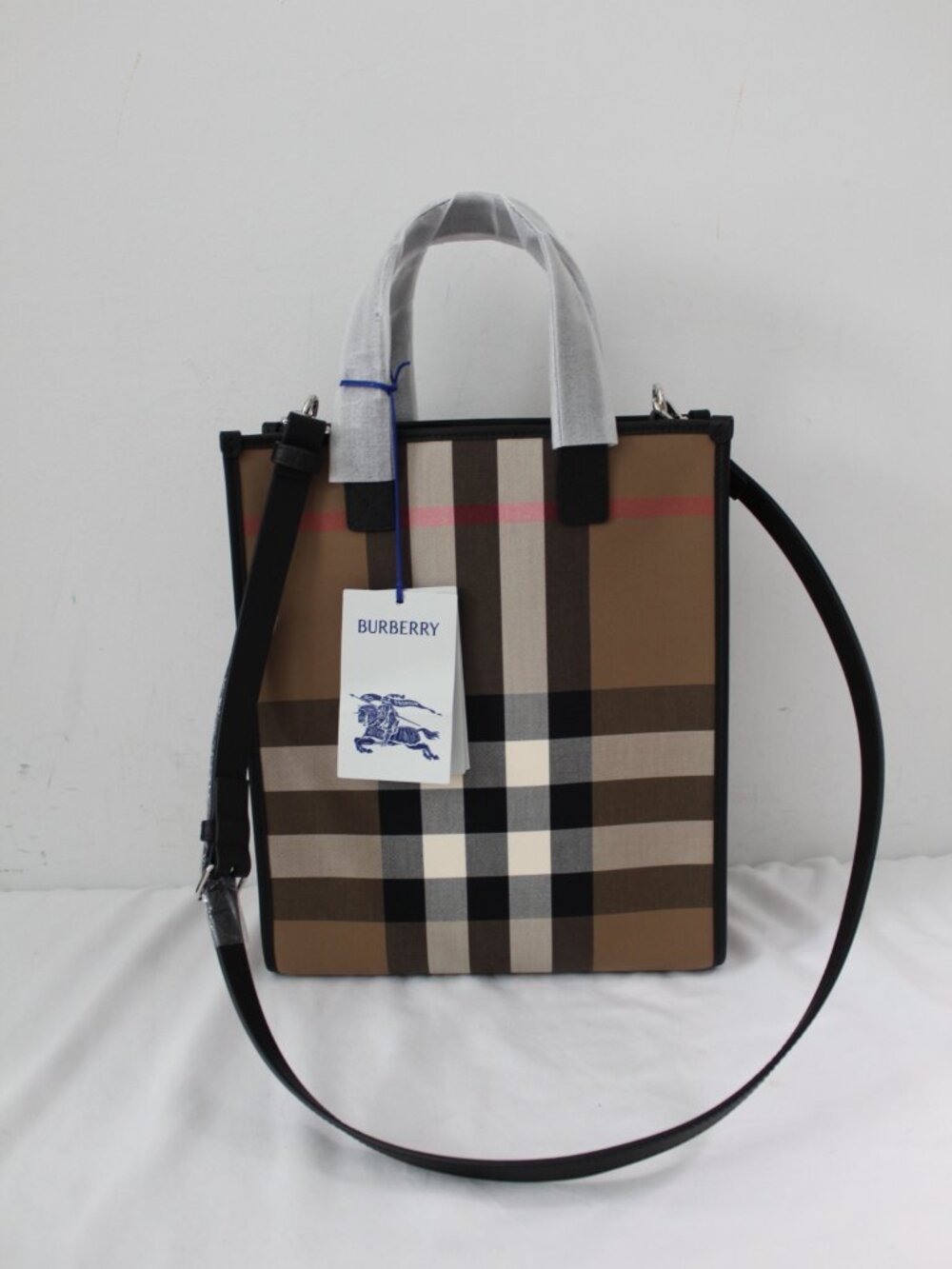 NWT Burberry Taupe Brown IP Check Book Tote Crossbody Shoulder Bag